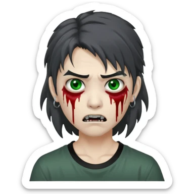 3D emoji-style avatar with grey zombie skin, dark brown hair, a young Asian face, and large green eyes with blood tears. Give it white litle bit messy mullet hair style , silver hoop earrings, and a plain black T-shirt. The face expression should be slightly angry, with vampire fang sticker