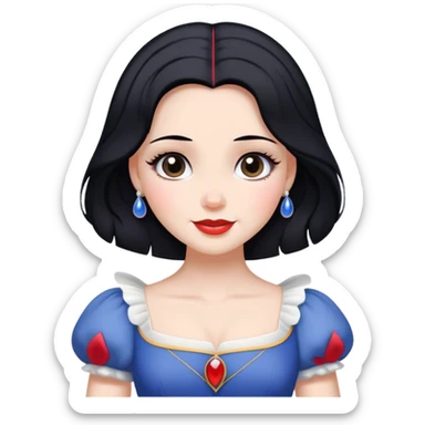 Cinematic Radiant Snow White Portrait Emoji, rendered in a realistic, vector style with clean proportions. Show Snow White with a soft, welcoming smile, delicate porcelain skin, and neatly arranged raven hair, wearing her timeless dress. The image radiates a warm, inviting glow, high shine, and is enhanced by a soft glowing outline that accentuates her gentle beauty. sticker