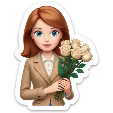 A Barbie girl with blue eyes, shoulder-length reddish-brown hair, made-up, wearing a beige tweed jacket and a beige skirt, with a bouquet of 9 white roses sticker