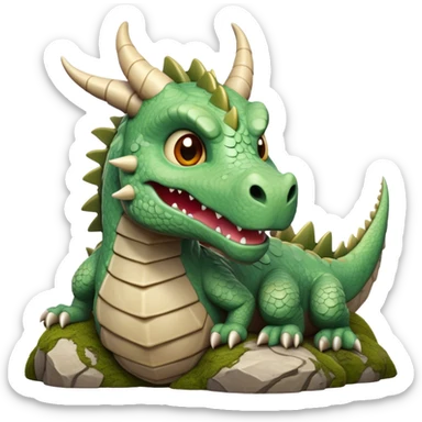 Cinematic Cute Giant Rock Dragon Portrait Emoji, Head tilted playfully and inquisitively, showcasing a robust, stone-carved body with intricately detailed, craggy textures in natural earthen tones accented by soft hints of moss, and a surprisingly gentle, endearing expression; rendered with lifelike clarity and warm, natural light, high shine, mighty yet endearing, styled with a touch of ancient, stony whimsy, soft glowing outline, capturing the essence of a mischievous stone guardian poised to rumble playfully into your embrace! sticker