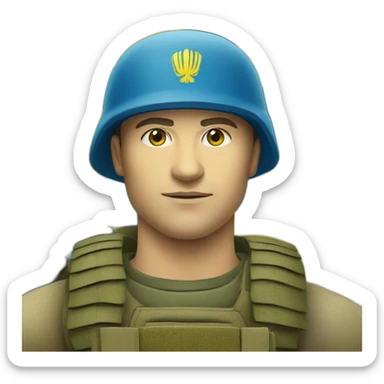 Ukrainian soldier against the background of the Ukrainian flag in yellow and blue sticker