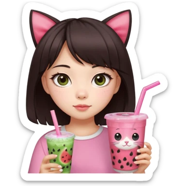Pale asian girl with cat eyes big pupils with dark brown hair side bangs t the left and layered hair towards the inside with pink bow on hair and pink outfit holding a watermelon bubble tea sticker