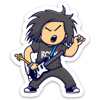A metalhead headbanging with long hair, wearing a rock band t-shirt, excited expression sticker
