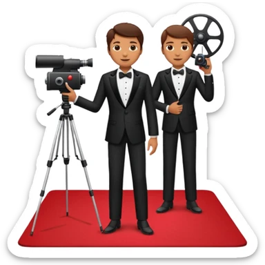 an actor standing on a red carpet with a formal tuxedo, with only one movie camera on a tripod next to him. sticker