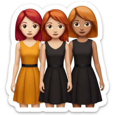 Can you create an image of 3 friends together one with red bright hair light skin one the other with brown hair with some blonde highlights in the hair fair skin the last one with light brown a tint of orange hair and black long hair with brown with dresses dark hair on one of the girls  sticker