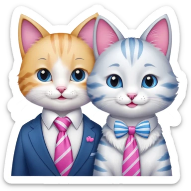 happy girl cat with bow and eyelashes wearing a bright necktie next to happy boy cat wearing a striped necktie, both cats smiling together sticker