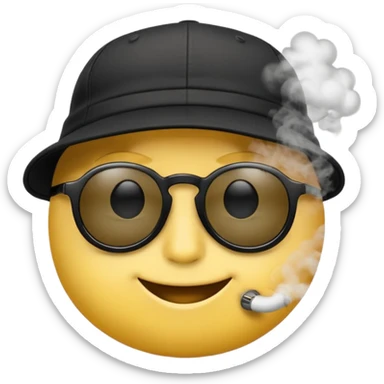 A high-res yellow face emoji with black sunglasses and a backwards black cap, smirking with half-lidded eyes and exhaling soft gray-white smoke, with detailed shading, glossy lenses, and realistic smoke wisps. sticker