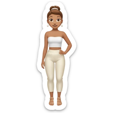 Full body Light brown skin girl, brown hair in bun, smiling, white tube top, pearl earrings sticker