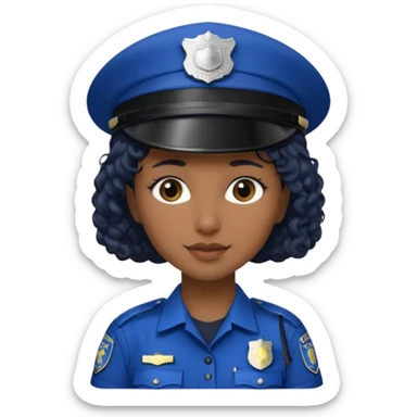 A female police officer with medium-dark skin tone, wearing a dark blue police cap with a silver badge in the center, short curly black hair showing from under the cap, large brown eyes, and a slight smile. sticker
