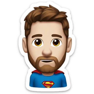 Messi with blue eyes, with a goat, redish brownish hair redish beard, blue eyes, dressed as superman sticker