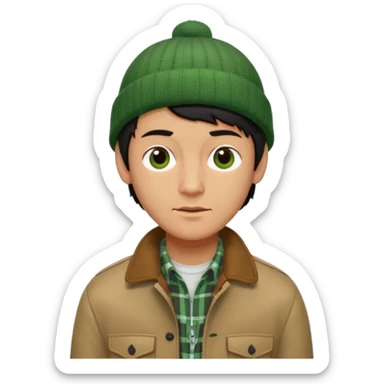 young man with longish black Beatle haircut, tan complexion, green beenie hat, tan jacket, checked shirt , pork chop sideburns sticker