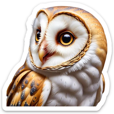 Cinematic Comical Barn Owl Portrait Emoji, Head tilted dramatically with an exaggeratedly amused expression, featuring a striking mottled plumage with bold contrasts, wide, expressive amber eyes filled with playful disbelief, Simplified yet hilariously expressive features, highly detailed, glowing with a slightly sassy glow, high shine, dramatic yet playful, stylized with an air of cheeky nocturnal mischief, bright and endearing, soft glowing outline, capturing the essence of a spirited and over-the-top owl, so meme-worthy it feels like it could hoot its way into internet fame instantly! sticker