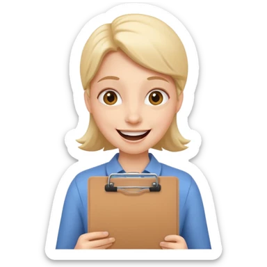 playful product owner emoji, cheerful person with a clipboard, exaggerated happy expression sticker