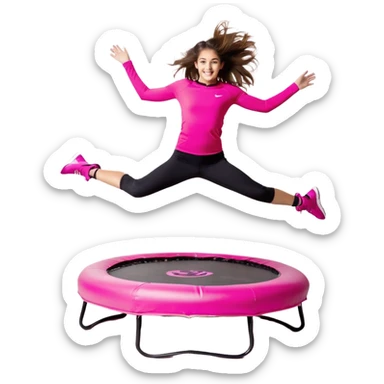 Mujer joven con cola alta y pelo marrón, saltando sobre un mini trampolín negro con bordes neón. Lleva top fucsia, calzas negras y zapatillas blancas. Brazos abiertos, rodillas flexionadas y expresión alegre, en pleno salto con líneas de movimiento.
 sticker