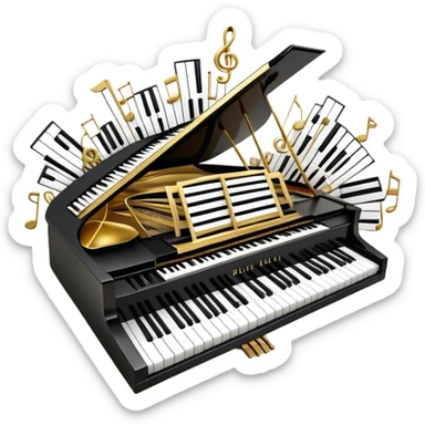 Create a detailed and elegant emoji collage representing keyboard instruments in a celebratory and professional style, reminiscent of a coat of arms. The design should feature a central arrangement of black and white piano keys, forming a symmetrical, powerful image. Around the keys, include a flowing ribbon of musical notes that intertwines with the keys, creating a sense of movement and harmony. Use gold and silver accents to highlight the keys and musical notes, giving the design a festive, high-quality appearance. The design should convey professionalism, elegance, and a sense of occasion. Add subtle reflections on the piano keys to enhance the polished look. The background should be transparent. sticker