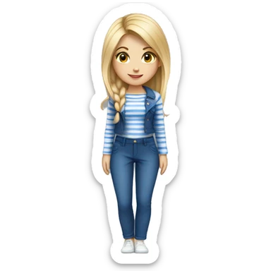 A beautiful blonde girl dressed with a short on White and blue stripes, trousers dark blue sticker