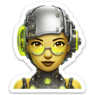 Neon yellow bobbed hair Asian female cyborg head with silver steampunk goggles and circuits sticker