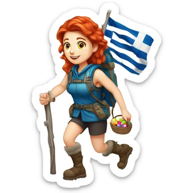 Greek Female winter mountaineer red hair white skin climbing with Greek Flag and Easter eggs basket sticker