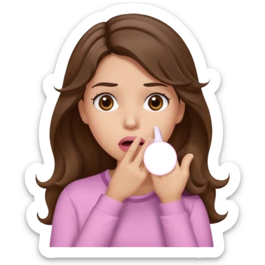 girl with wavy long brown hair, brown eyes, light to medium complexion, long lashes, light pink lipstick, wearing light pink shirt, shocked, hand covering mouth sticker