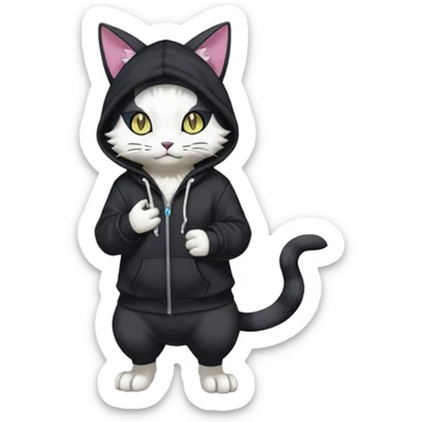 Black cat-garurumon-Gatomon-purloin-feline-Fakemon-Digimon-creature wearing a hoodie fursona (full body)  sticker