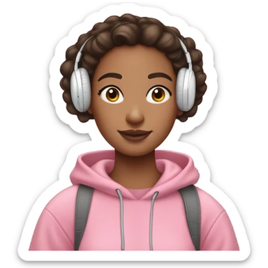 brunette girl with pink hoodie and curly messy bun with airpods max on sticker