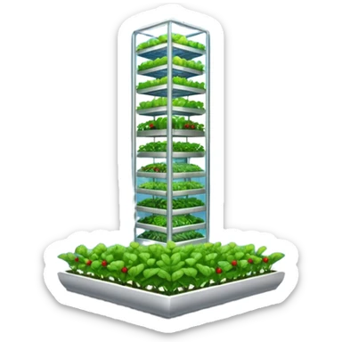 Vertical farm inside a towering skyscraper, with various crops growing in a hydroponic system under LED lights, viewed through a large window overlooking a futuristic city. sticker