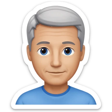 Middle aged man with tanned skin, little black to grey hair and no beard, blue eyes, shy smile sticker