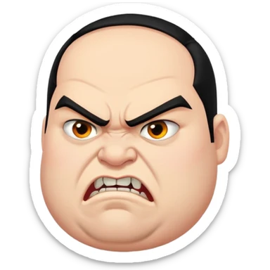young angry fat man in profile view with black hair, fangs, crossed eyes sticker