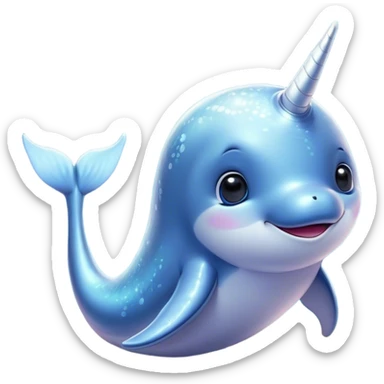 Cinematic Cute Narwhal Portrait Emoji, Head tilted playfully and inquisitively, with a glossy, shimmering body highlighted by its iconic tusk and sparkling eyes filled with wonder, Simplified yet irresistibly adorable features, highly detailed, glowing with a warm, friendly glow, high shine, affectionate and lively, stylized with a touch of whimsical charm, bright and endearing, soft glowing outline, capturing the essence of a mischievous marine marvel that feels like it could frolic out of the screen into your heart! sticker
