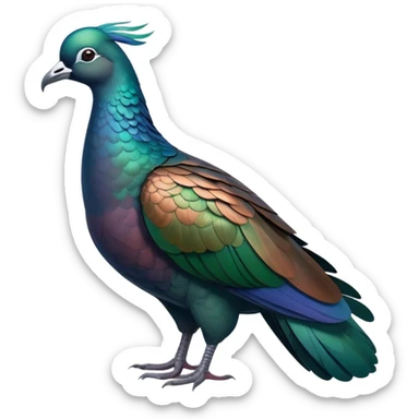 Nicobar pigeon with iridescent blue, green and copper-colored plumage, distinctive white tail sticker
