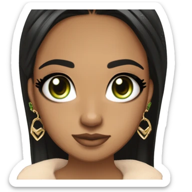 Glamorous, streetwear, black hair, long straight hair, olive skin, green almond eyes, winged eyeliner with big lashes, wearing hooped earrings, rings and bracelets, almond fake nails sticker