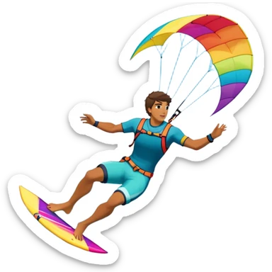 A professional kite surfer performing a high-flying trick on the waves, with a colorful kite soaring above. The background features a stunning landscape of rolling ocean waves, a bright sky, and distant mountains, emphasizing the skill and freedom of the sport. sticker