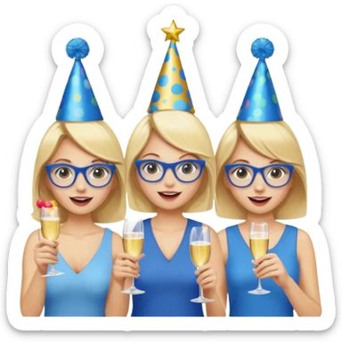 group of women cheering. With a blonde girl in middle with blue glasses sticker