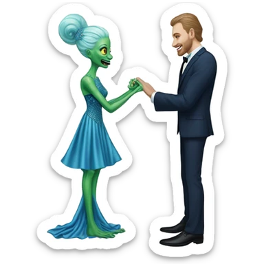 alien reptilian green skin woman, in long slim pastel blue formal party satin dress with gradient shiny sparkling navy blue diamonds embroidered , and caucasian man in black dres on his knees asks her to marry her sticker