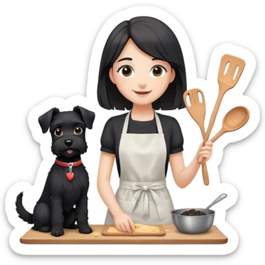 pale smiling girl baking with long back hair wearing black long shirt wearing apron holding black  schnauzer sticker