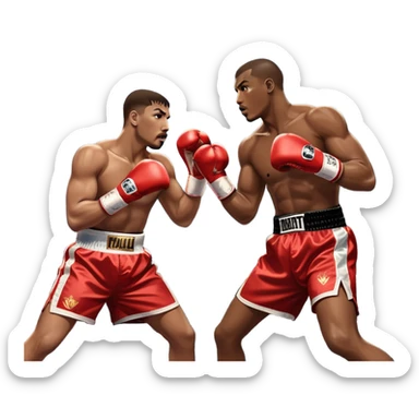  a high-stakes boxing match for the world championship title. Two professional boxers, wearing gloves and championship belts, exchange powerful punches in the center of the ring. The background features a packed arena with bright lights, a roaring crowd, and the championship banner hanging above.  sticker