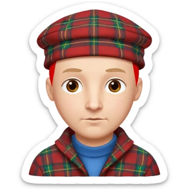 a bald man wearing a tartan flap cap looking really hopeful sticker