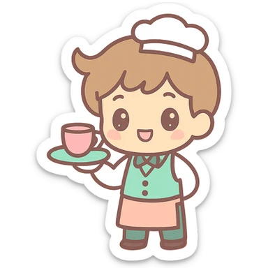 waiter, kawaii chibi anime style, flat pastel colors, thick outlines, simple cute features sticker