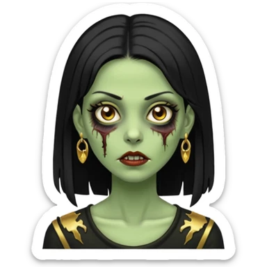 Faça uma zombie mulher bonita verde com olhos castanhos cabelos pretos liso com estilo y2k e ouro sticker