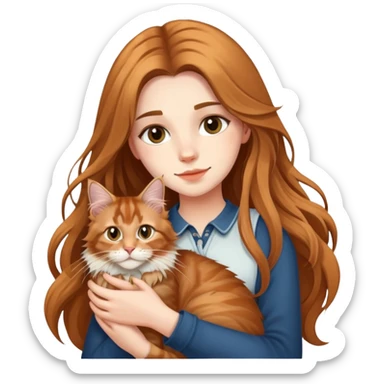 A beautiful girl with fair skin and long hair is holding a Maine Coon cat sticker