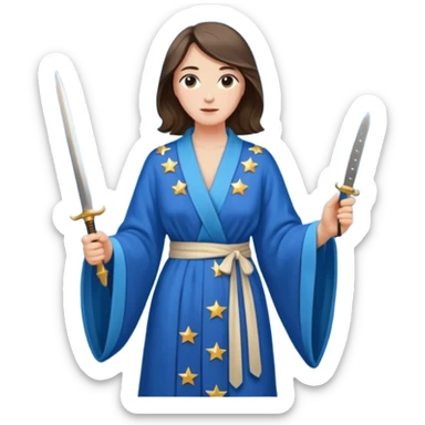 An upright Europe (a tall woman), wearing a blue, flowing robe with stars on the hem, and behind her stands Chancellor Merz, holding a knife toward her back sticker