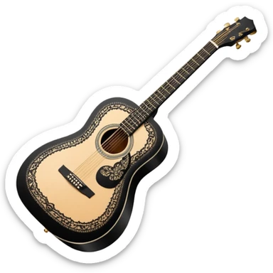 acoustic sunrise guitar with black lacy-details and engraved small black music notes sticker