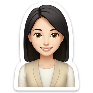 A woman with light to medium-toned skin, black shoulder-length straight hair, almond-shaped eyes, joyful smile, wearing a white long-sleeve top and a light beige sleeveless open-front vest, exuding warmth and elegance. sticker