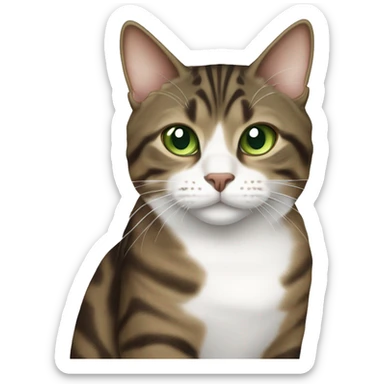 Brown mackerel tabby cat with partially white face and green eyes sticker