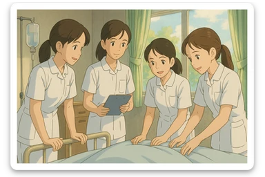 Indoor Ghibli scene: four nursing students inspired by photos, interacting around a fictional patient (not visible). White short-sleeve uniforms, V-neck, left chest pocket, bare forearms, long hair tied, soft and collaborative atmosphere, bright details. sticker
