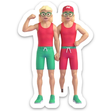 Scrawny thin man with black and white cap, skinny bare torso, red shorts, clear glasses, messy light blond mullet hairstyle, smiling and flexing small muscles sticker