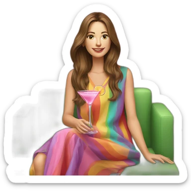 Caucasian woman with long brown hair sitting on a couch in front of a light green wall in a rainbow striped caftan holding a pink cocktail sticker