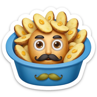 fried potatoes with eyes and mustache, in a blue carton  sticker