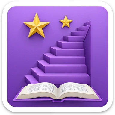 Minimal purple icon: an open book turning into a rising staircase with a star on top. Flat design. sticker