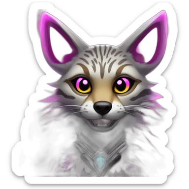 Coyote ocelot with grey and black fur and phoenix wings and pink ears half skeleton, neon lights sticker